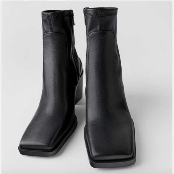 Zara Black Leather Cowboy Heel Ankle Boots Square Toe